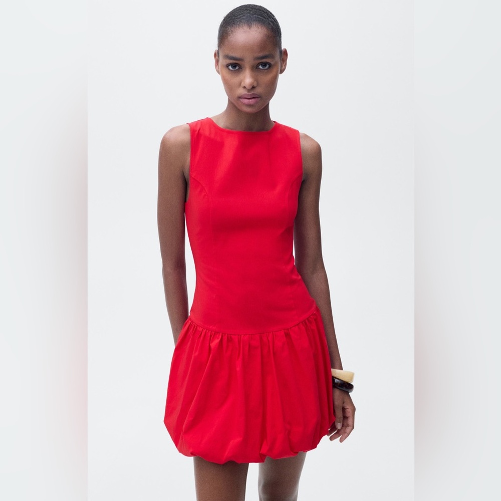 NWT Mango Bubble Hem Sleeveless Round High Neck Structured Bodice Mini Dress Red